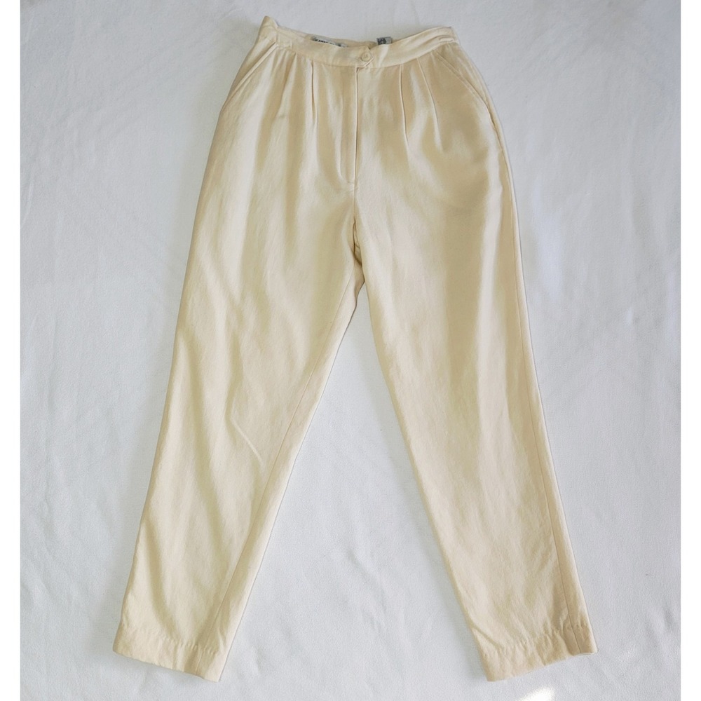 Vintage 90s Ivory Beige Wool High-Rise Front Pleated Pants Trousers Women's XS
